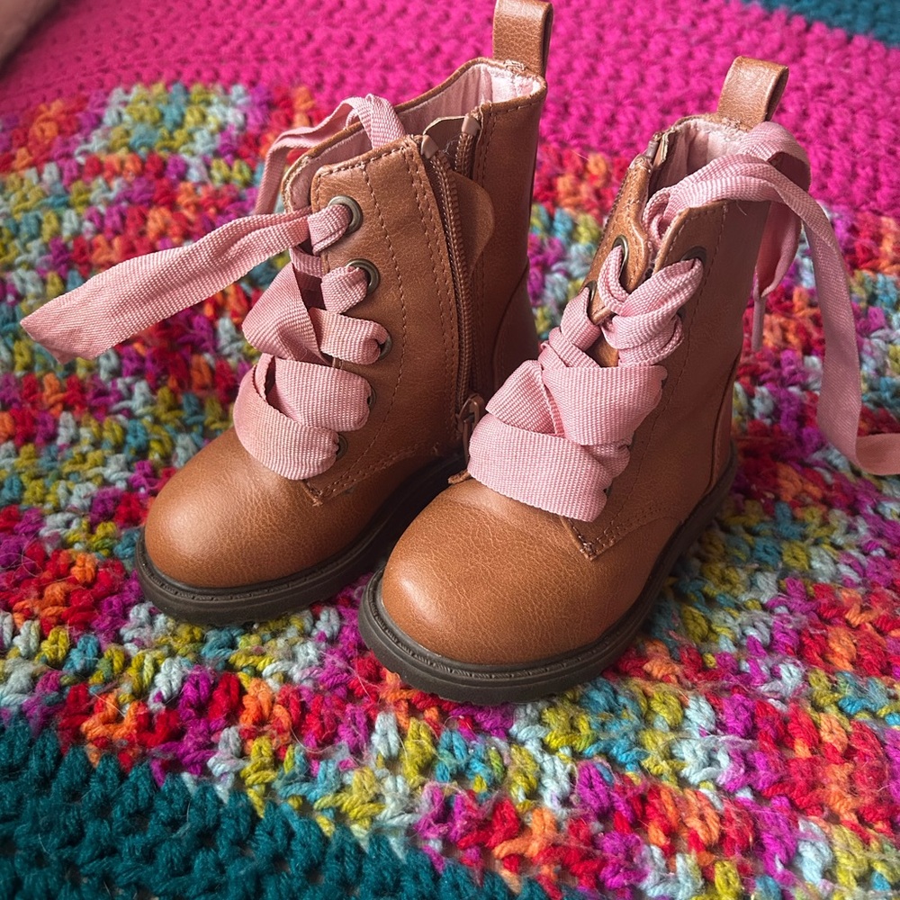 Brown Kids Boots with Pink Laces